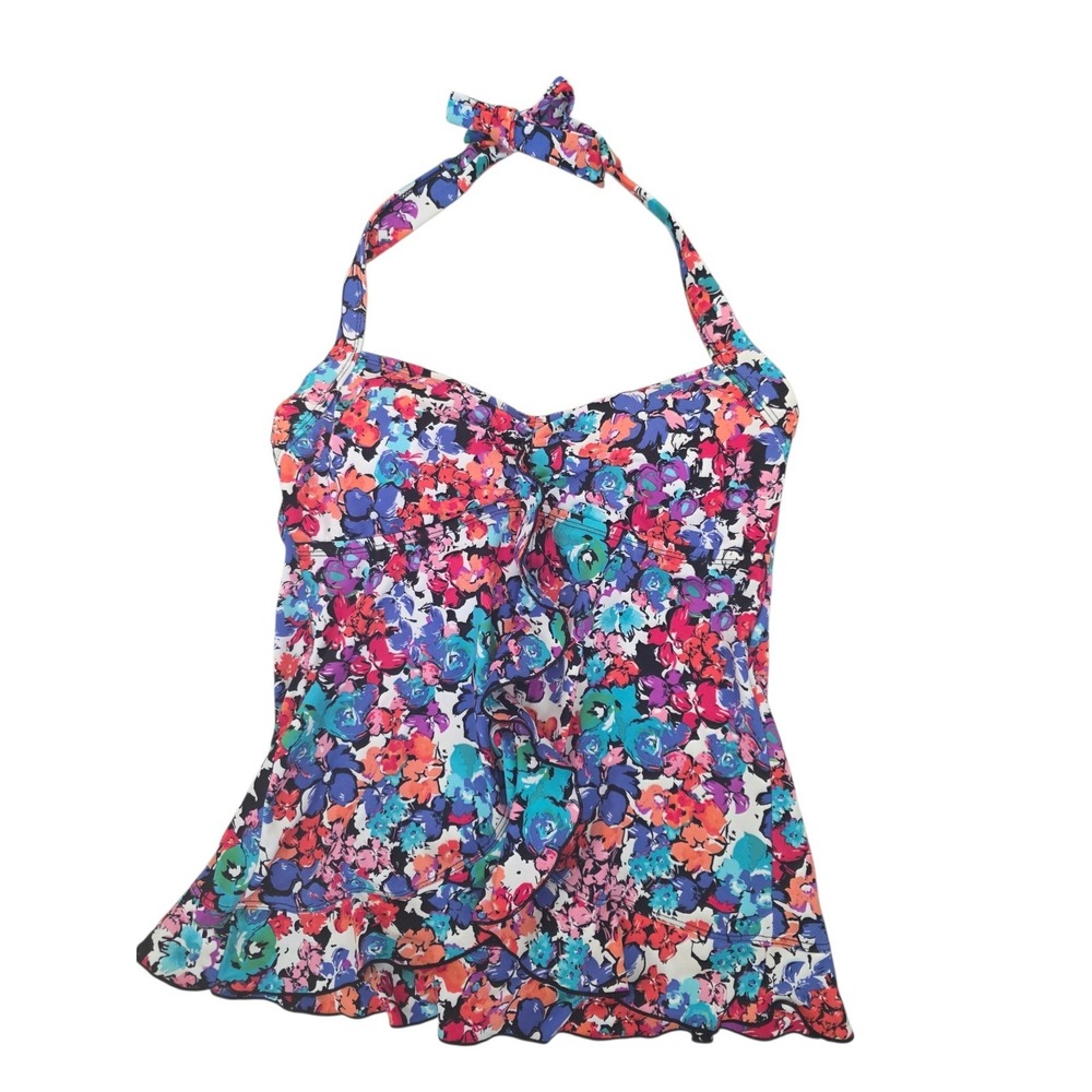 24th &‎ Ocean Womens Floral Ruffle Halter Tankini Top Multi Color Size Small